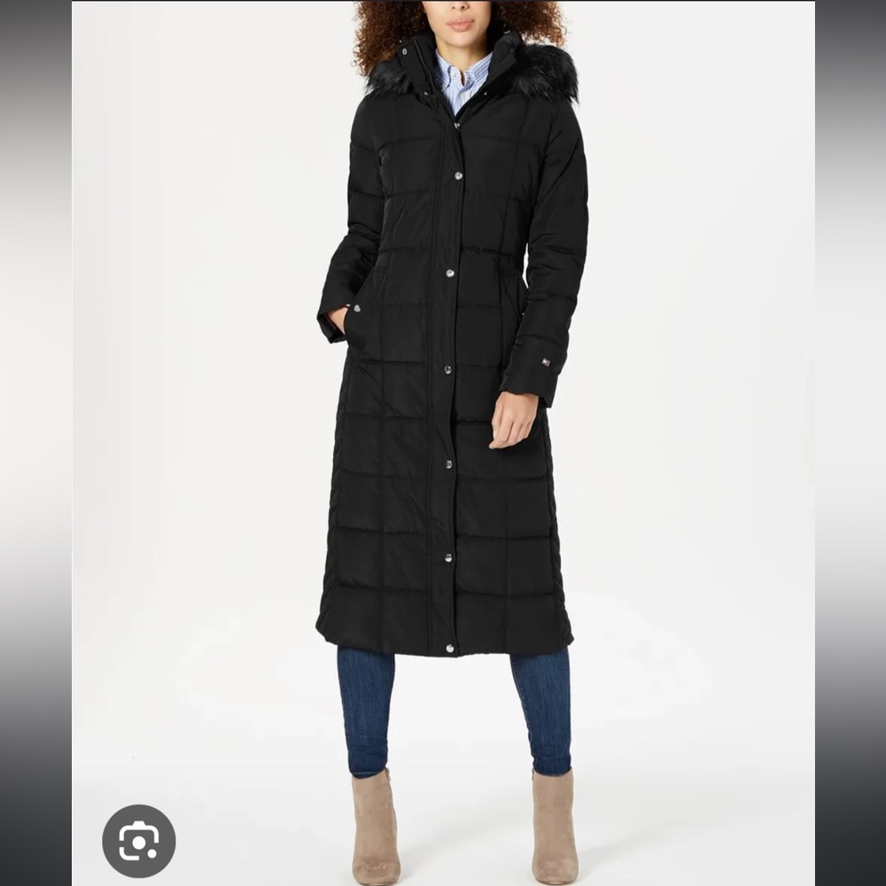Tommy Hilfiger Hooded Faux-Fur-Trim Maxi Puffer Coat. Black. Large. NWT.